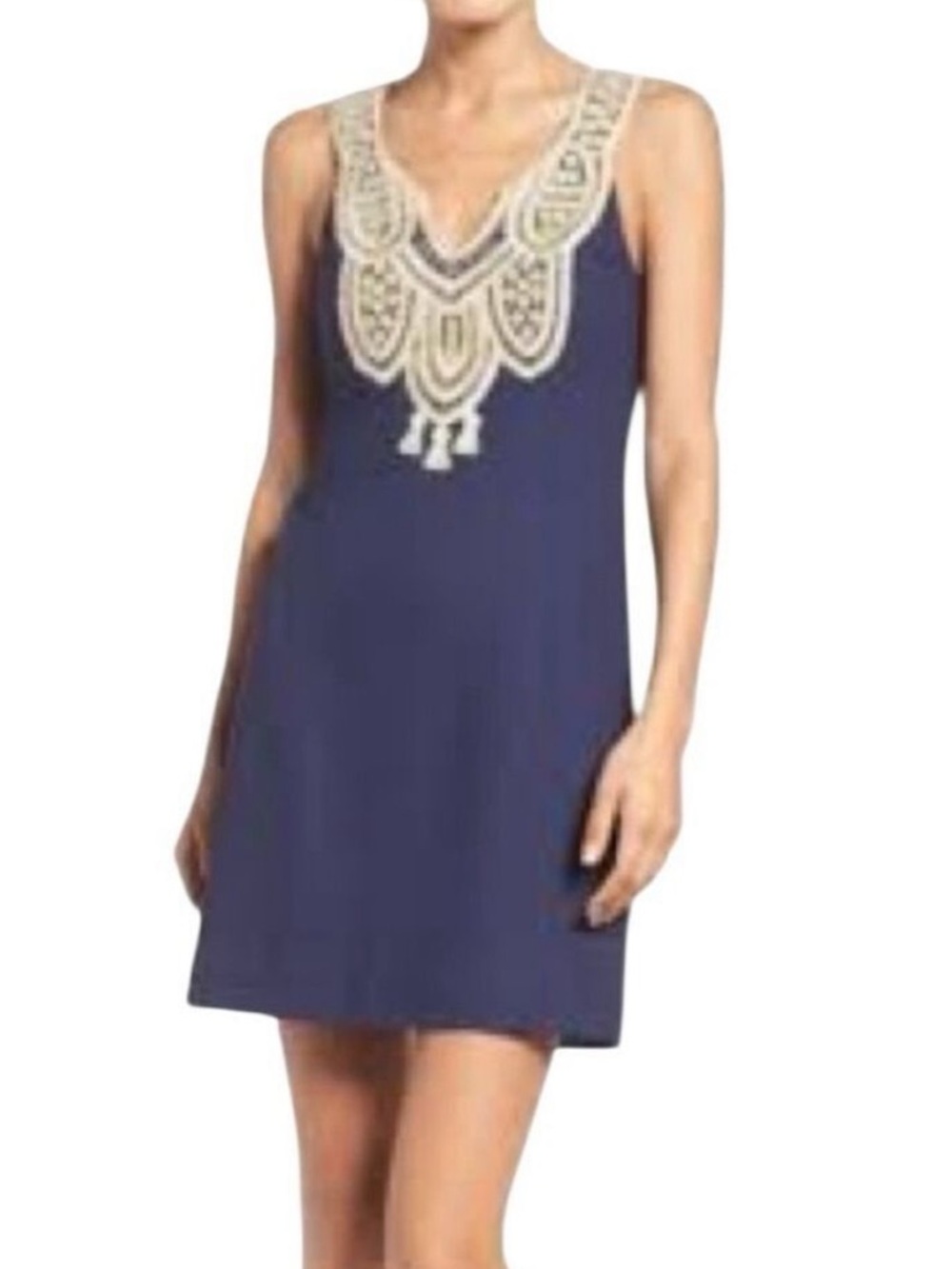 Lilly Pulitzer True Navy Gold Shimmer Embroidered‎ Shift Dress 2 EUC